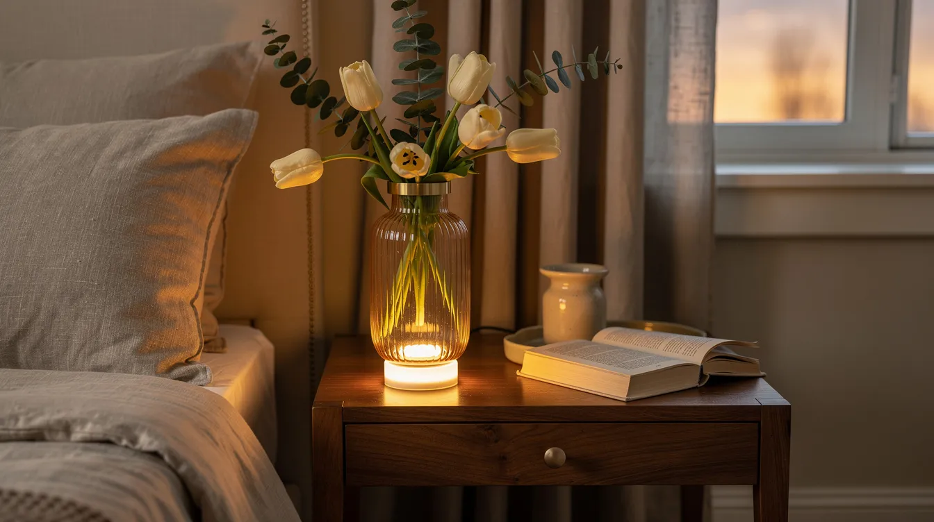 LumaBloom Glow Vase glowing beside flowers in a cozy bedroom